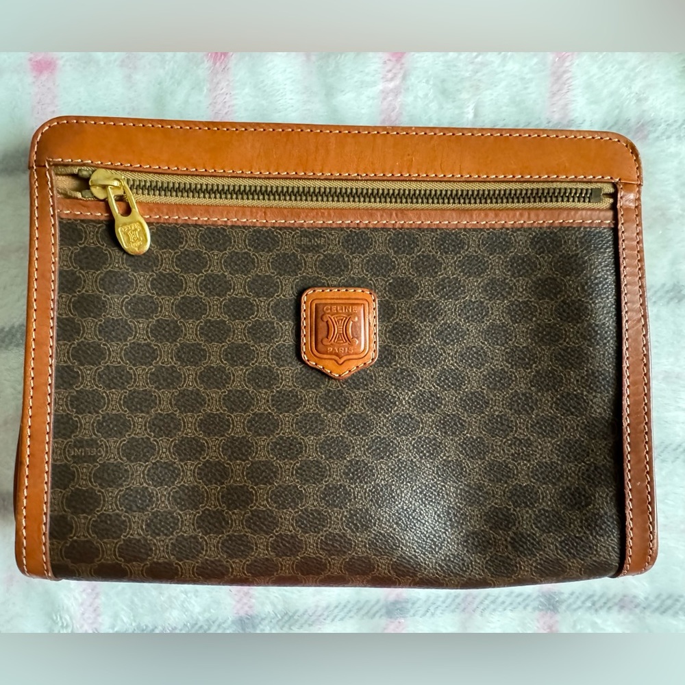 AUTHENTIC Celine Macadam Coated Canvas Brown Pouch Bag Vintage